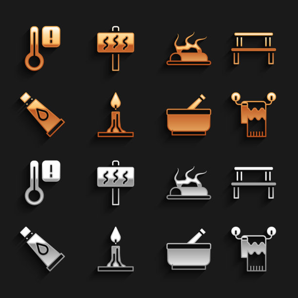 设置燃烧的蜡烛，桑拿木长凳，毛巾在衣架上，研钵杵，奶油乳液化妆品管，篝火，温度计和图标。向量图片下载