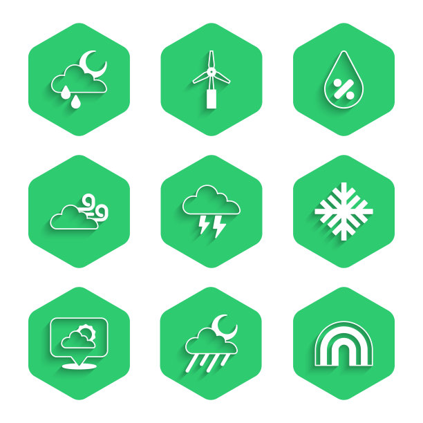 设置风暴，云与雨和月亮，彩虹，雪花，位置云，刮风天气，水滴百分比和图标。向量图片下载