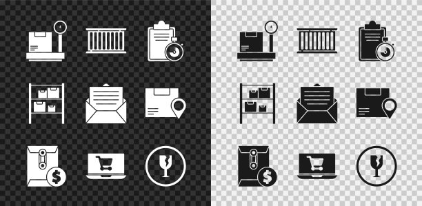 设置秤与纸箱，集装箱，验证送货清单剪贴板，信封美元符号，购物车笔记本电脑，易碎玻璃，仓库和图标。向量图片下载