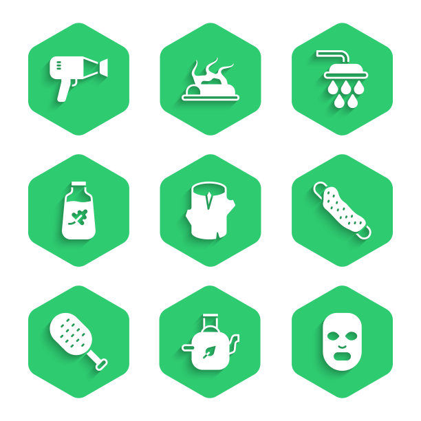 设置原木，茶叶茶壶，面部化妆面膜，毛巾，桑拿刷，精油瓶，淋浴和吹风机图标。向量图片下载