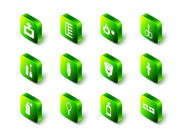 设置发刷，香水，剪刀，移液器，痤疮，脱毛器，喷雾罐的发胶和手镜图标。向量图片下载