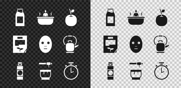 设置瓶子牛奶，浴缸，苹果，奶油或乳液化妆品管，蜂蜜勺棒和碗，秒表，树叶文件和面膜图标。向量图片下载