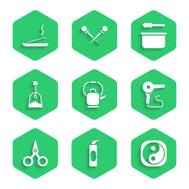 设有带把手水壶、发胶喷雾器、阴阳、吹风机、剪刀、茶包、桑拿桶勺、香薰spa棒图标。向量图片下载