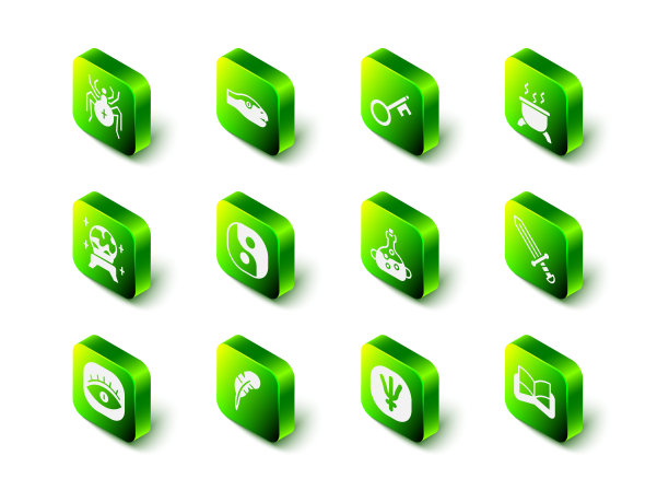 设置蛇，老钥匙，女巫坩埚，中世纪剑，古代魔法书，瓶子里的毒药，海王星和羽毛笔图标。向量图片下载