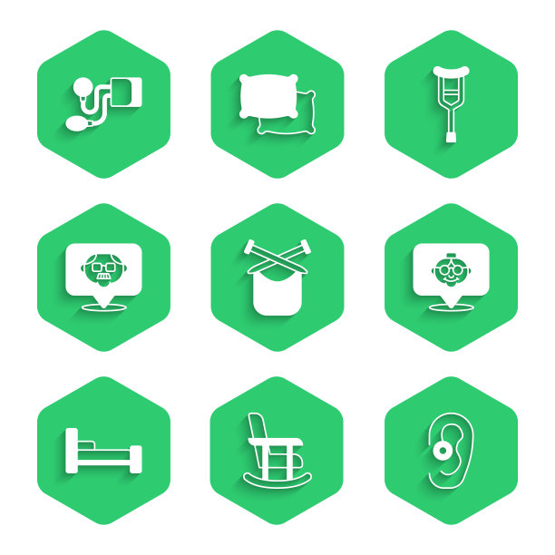 设置编织，摇椅，助听器，祖母，床，祖父，拐杖或拐杖和血压图标。向量图片下载