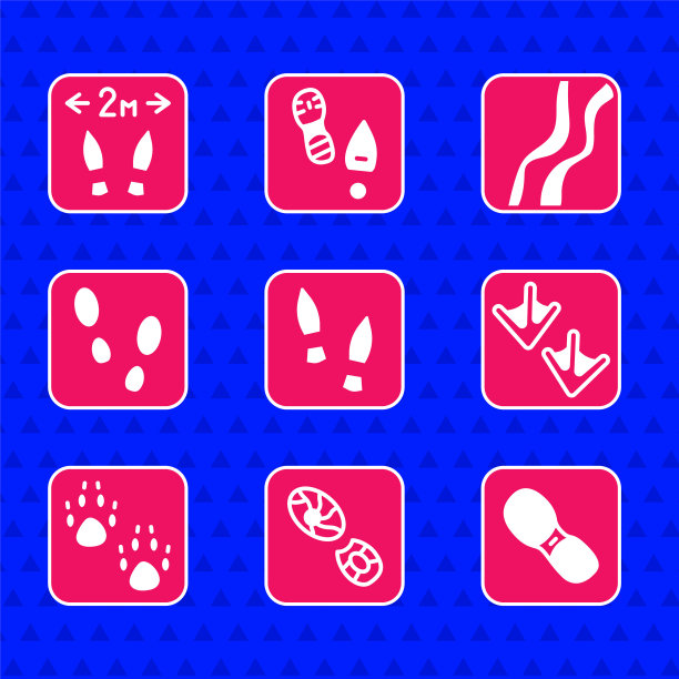 设置人的脚印鞋，鹅爪，爪子，蛇和安全距离图标。向量图片下载