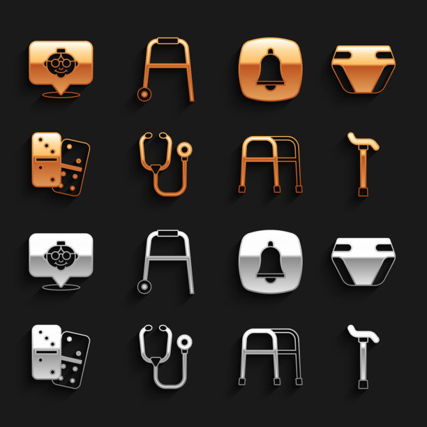 设置听诊器、成人尿布、拐杖、助行器、多米诺骨牌、紧急电话、祖母和图标。向量图片下载