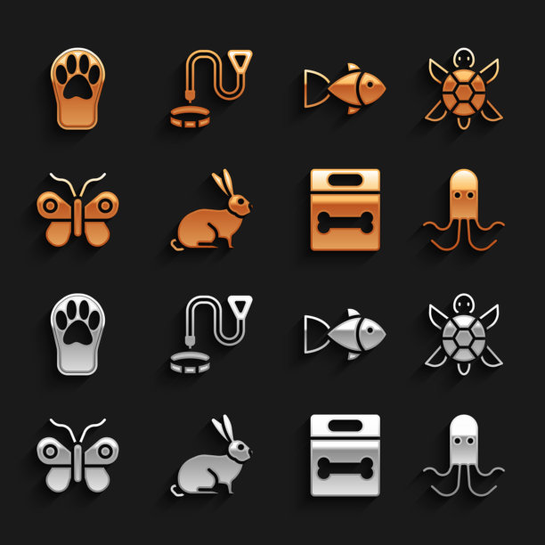 设置兔子，乌龟，章鱼，狗骨，蝴蝶，鱼，爪印和项圈与姓名标签图标。向量图片下载