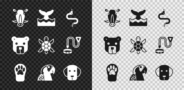 设置野猪头，鲸鱼尾巴在海浪，蛇，爪印，金刚鹦鹉，狗，熊和乌龟图标。向量图片下载