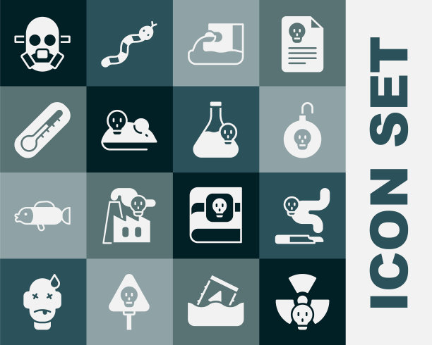 设置放射性，香烟，核弹，废水，实验老鼠，温度计，防毒面具和烧杯的有毒液体图标。向量图片下载