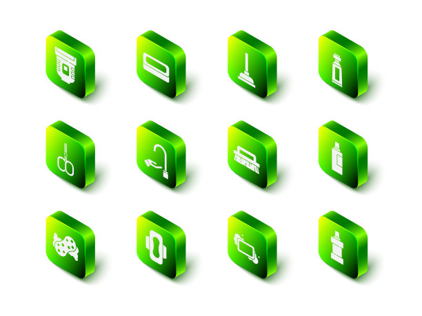 设置肥皂条，橡胶活塞，牙膏管，清洁剂瓶，刷子和卫生巾图标。向量图片下载