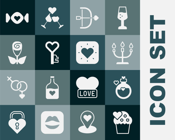 集婚礼蛋糕，瓶子与爱情药水，烛台，弓箭，钥匙心脏形状，花玫瑰，糖果和心脏图标。向量图片下载