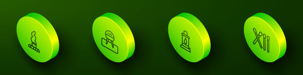 设置等距线营火，烧烤烧烤，野营灯和火柴棒图标。向量图片下载