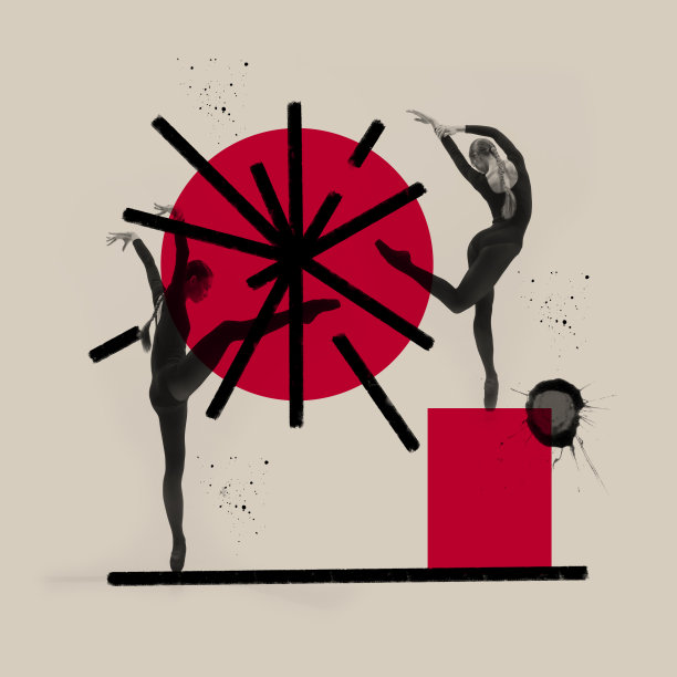 当代艺术拼贴。年轻的专业芭蕾舞演员，在灰色的几何图形背景上表演图片下载