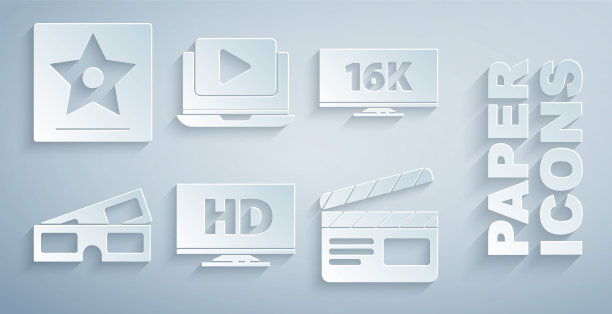 智能显示屏，高清视频，屏幕电视16k, 3D影院眼镜，电影拍板，在线和好莱坞星光大道的明星图标。向量图片下载