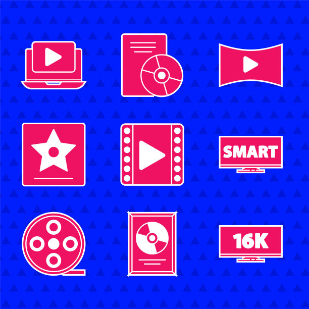 集播放视频，CD光盘奖在框架，屏幕电视与16k，智能视频，电影卷轴，好莱坞星光大道明星，在线播放和图标。向量图片下载