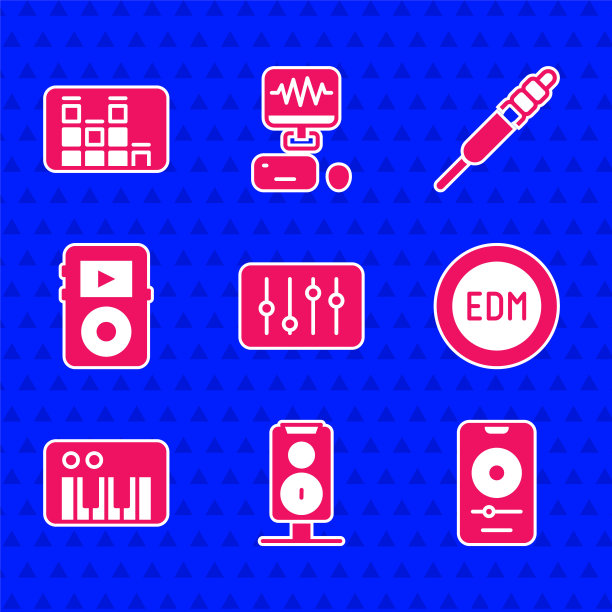 设置混音控制器，立体声扬声器，音乐播放器，EDM电子舞曲，合成器，音频插孔和均衡器图标。向量图片下载