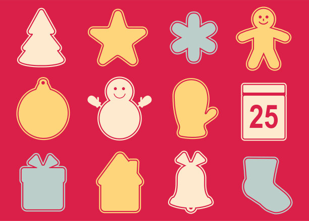 圣诞节的图标。圣诞树，雪人，手套和其他圣诞属性矢量插图图片下载