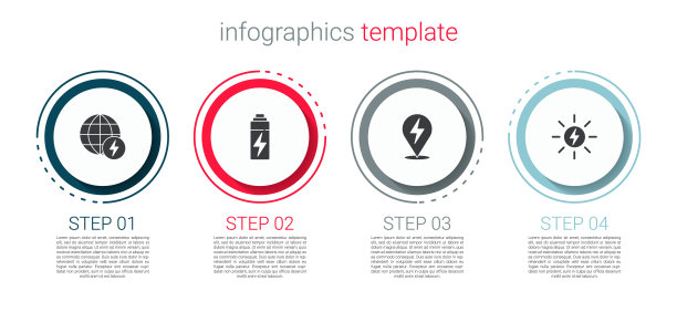 设置全球能源能源行星，电池，闪电螺栓和太阳能电池板。业务信息模板。向量图片下载