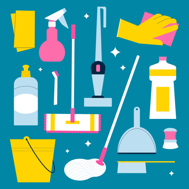 地板清洁用品套装。拖把，水桶，吸尘器，刷子和清洁剂瓶。图片下载