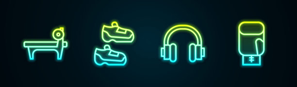设置线长凳与barbel，运动鞋，耳机和拳击手套。发光的霓虹灯图标。向量图片下载