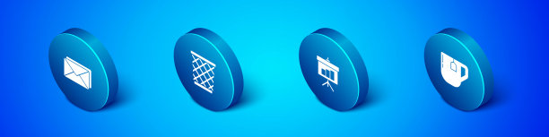 设置等距信封，黑板与图表，杯茶茶袋和垃圾桶图标。向量图片下载