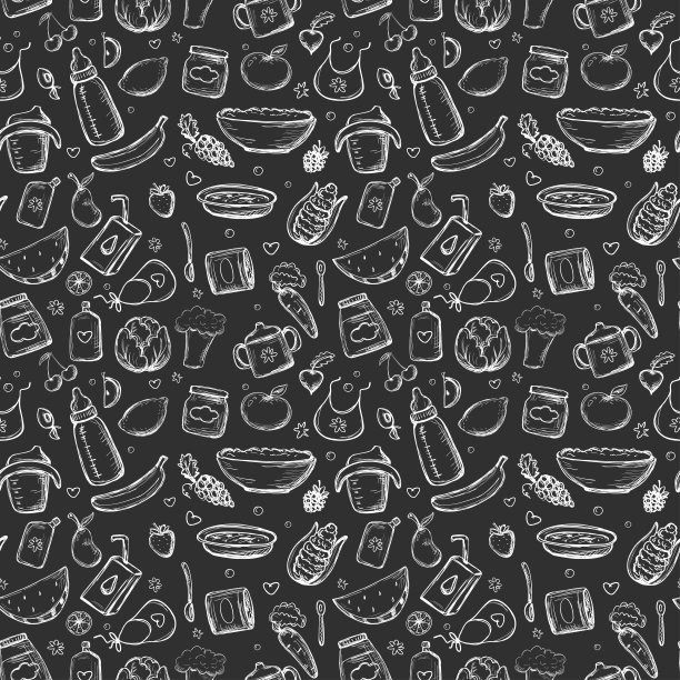 各种涂鸦婴儿食品。儿童手绘有机食品，无缝图案。新鲜蔬菜、水果。黑色背景上的儿童营养。装有儿童餐的罐子、瓶子。图片下载