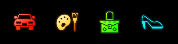 设置汽车，油漆刷与调色板，手袋和女人鞋图标。向量图片下载