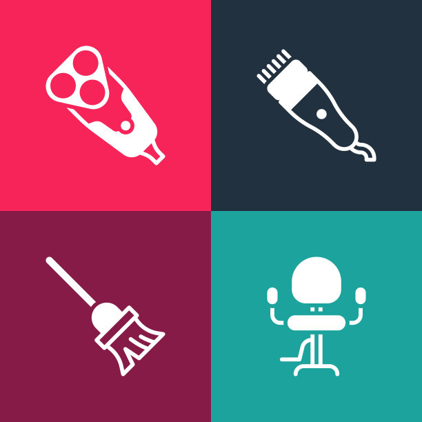 设置波普艺术理发店椅子，拖把，电动剪刀和剃须刀片图标。向量图片下载