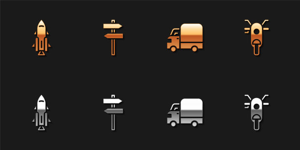 设置火箭船与火，道路交通指示牌，货运卡车和滑板车图标。向量图片下载