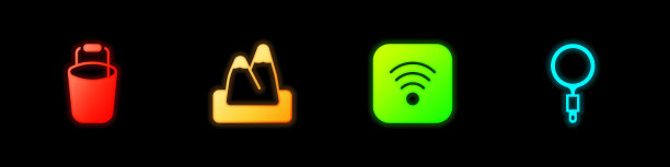 设置Bucket, Mountains, Wi-Fi无线上网和放大镜图标。向量图片下载