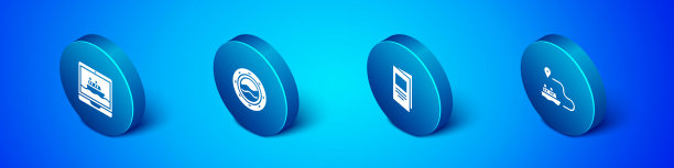 设置等距巡航船，小册子，船线路径和舷窗与海景图标。向量图片下载