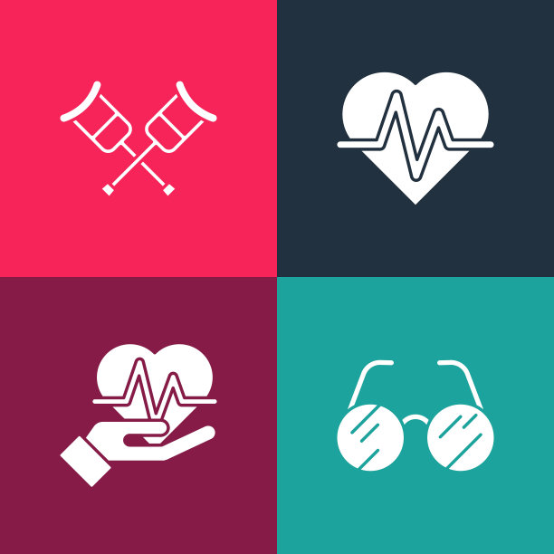 设置流行艺术眼镜，心率，拐杖或拐杖图标。向量图片下载