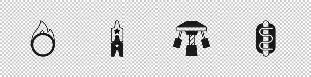 设置马戏团火圈，门票，景点旋转木马和热狗三明治图标。向量图片下载