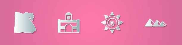 设置剪纸埃及地图，埃及房子，太阳和金字塔图标。纸艺术风格。向量图片下载