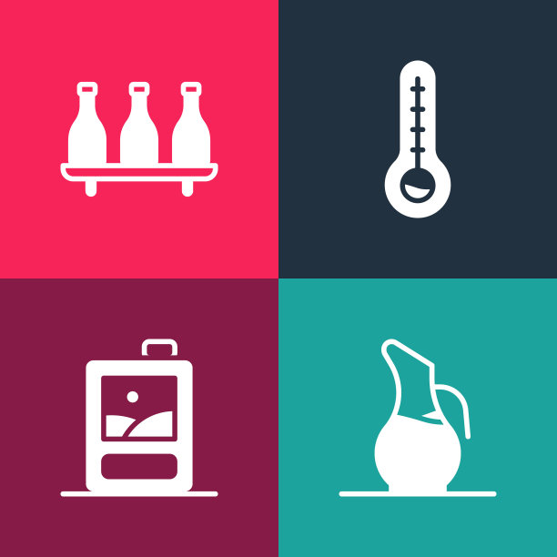 设置波普艺术滗水器为葡萄酒，纸箱，气象温度计和瓶的图标。向量图片下载
