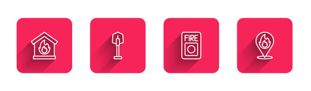 燃烧的房屋、铲子、警报系统和带火焰的位置长阴影图标矢量集。红色方形按钮矢量图图片下载