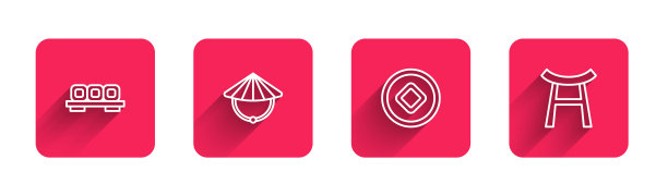 切菜板上套线寿司，中式圆锥形草帽，人民币货币和日本门长影子。红场按钮。向量图片下载