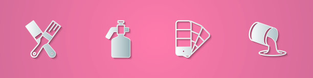 设置纸剪画笔，喷枪，调色板指南和桶图标。纸艺术风格。向量图片下载