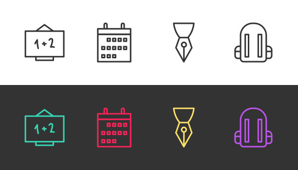 设置线黑板，日历，钢笔笔尖和学校背包在黑色和白色。向量图片下载