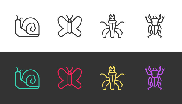 把蜗牛，蝴蝶，白蚁和金龟子排成黑白线。向量图片下载