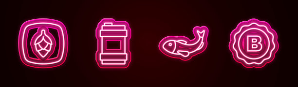 设置线啤酒花，金属啤酒桶，干鱼和瓶盖。发光的霓虹灯图标。向量图片下载