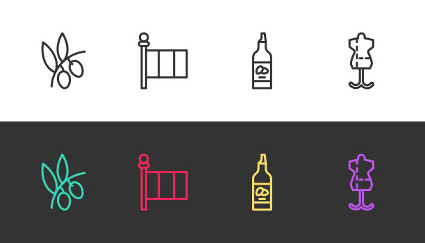 设置线橄榄枝，意大利国旗，橄榄油和人体模型在黑色和白色。向量图片下载