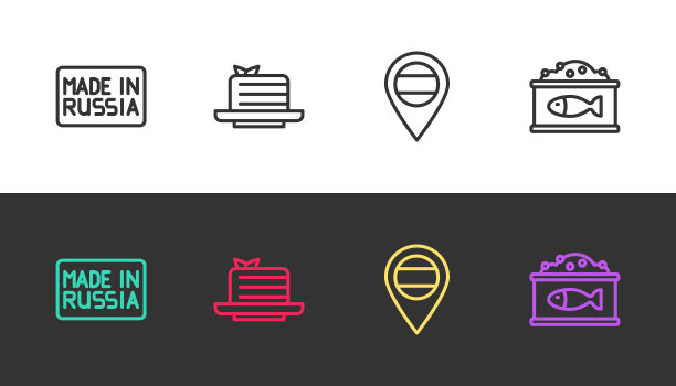 设置线在俄罗斯制造，梅多维克，位置和罐头鱼子酱黑和白。向量图片下载
