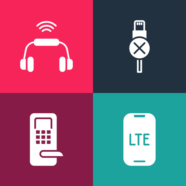 设置流行艺术LTE网络，数字门锁，无usb数据线和智能耳机系统图标。向量图片下载