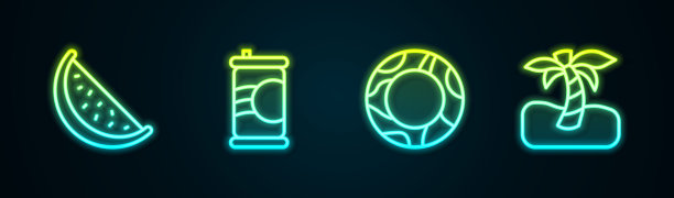 设置西瓜，汽水罐，橡胶游泳圈和热带棕榈树。发光的霓虹灯图标。向量图片下载