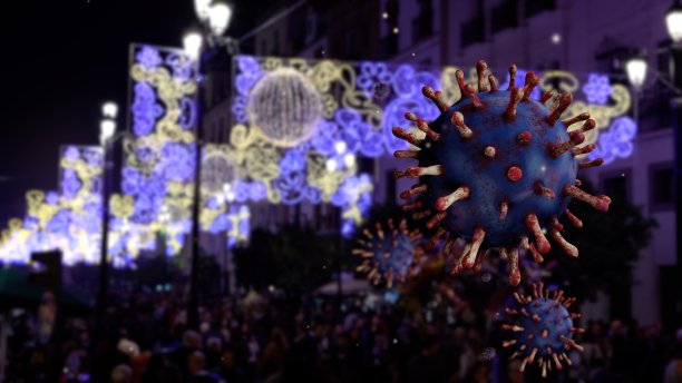 3D插图 奥密克戎变种冠状病毒漂浮在美丽的圣诞灯图片下载