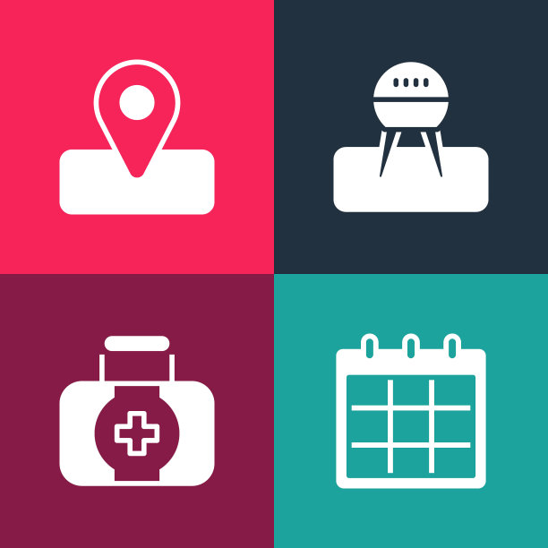 设置流行艺术日历，急救箱，烧烤烧烤和位置的露营图标。向量图片下载