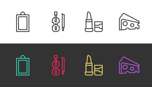 设置线图片，小提琴，口红和奶酪在黑色和白色。向量图片下载