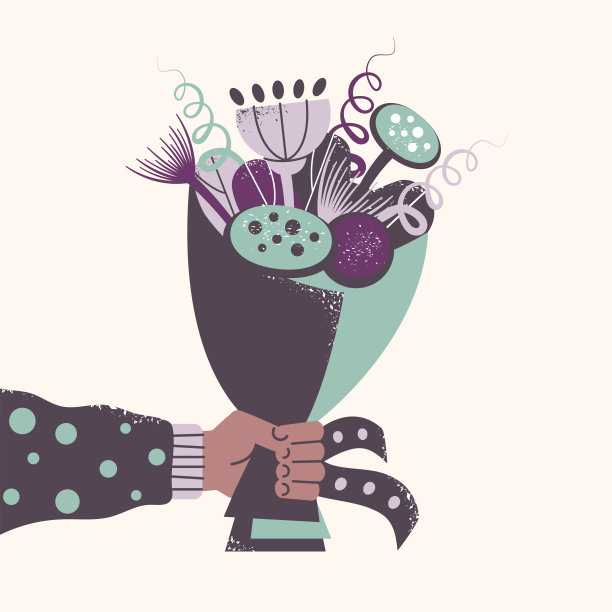 卡通风格的花束。一只手拿着一束花。一个男人送花。花卉元素。矢量插图的生日，周年纪念，节日活动，派对，贺卡。图片下载
